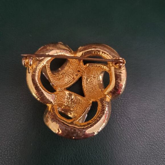 Triple Coil Brooch Gold Tone with Baguette and Round Rhinestones Bling Statement - Picture 3 of 10